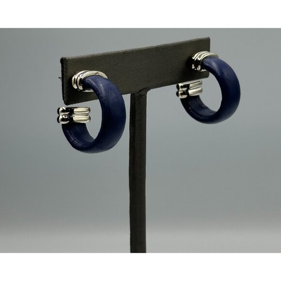 Joan Rivers Hoop Earrings Silver Tone Blue Leather Post Chunky Pierced 0.50" - Picture 1 of 7